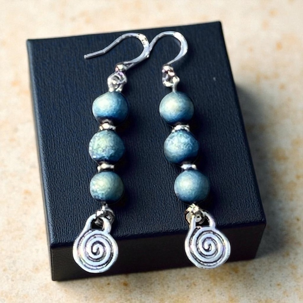 Hand crafted Elegant Blue Beaded Earrings with Silver Swirl
